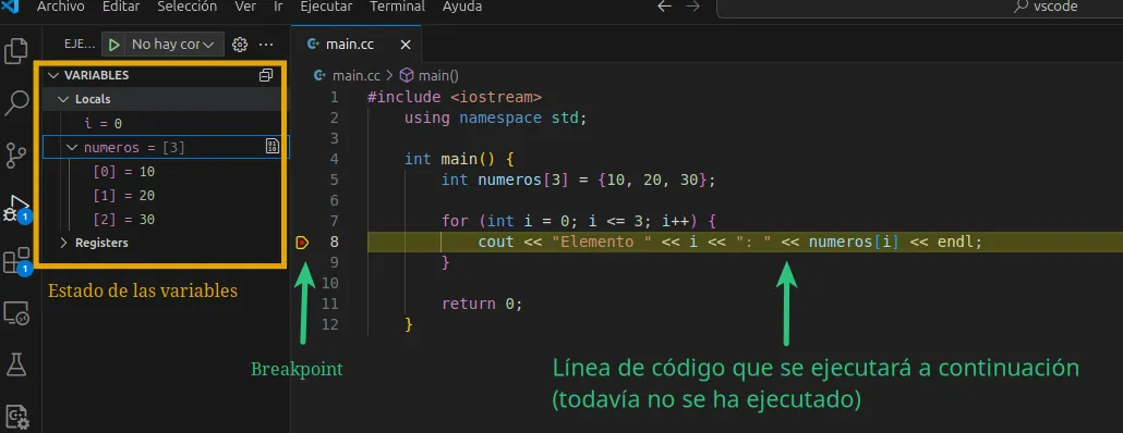 Ejemplo de breakpoint y depuración